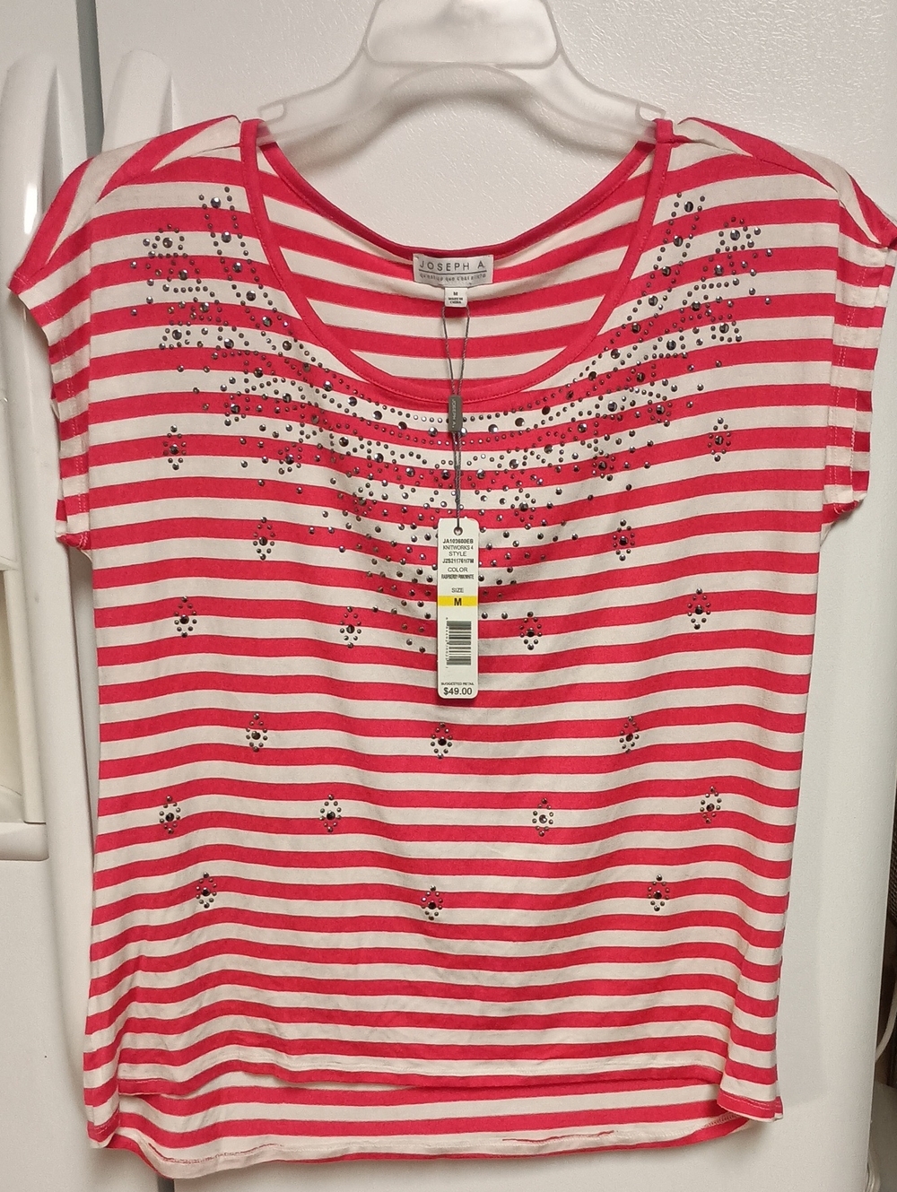 Joseph A Pink & White Striped Short Sleeve Tee W Rhinestones NWT Women's Size M